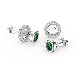Infinity Emerald and Moissanite Platinum plated Silver Stud Earrings Halo Jacket Set