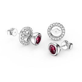 Infinity Ruby and Moissanite Platinum plated Silver Stud Earrings Halo Jacket Set