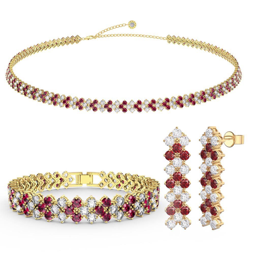 Three Row Ruby and Diamond CZ 18ct Gold plated Silver Jewellery Set