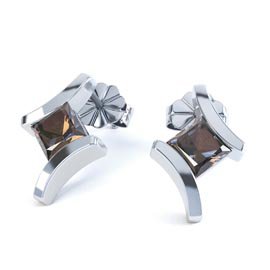Combinations Smokey Quartz Square Rhodium plated Silver Earrings