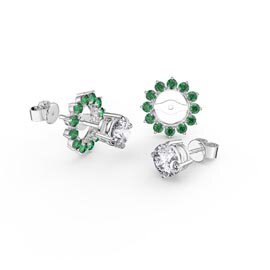Fusion White Sapphire Platinum plated Silver Stud Earrings Emerald Halo Jacket Set