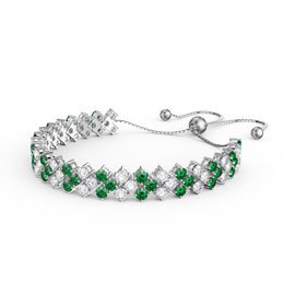 Eternity Three Row Emerald and Moissanite Platinum finished Silver Adjustable Tennis Bracelet