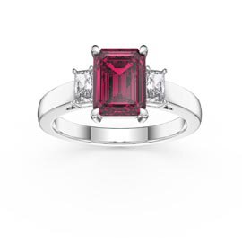 Princess 2ct Ruby Emerald Cut Platinum plated Silver Three Stone Promise Ring
