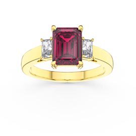 Princess 2ct Ruby Emerald Cut 9ct Yellow Gold Moissanite Three Stone Proposal Ring