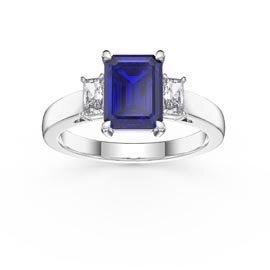 Princess 2ct Sapphire Emerald Cut Lab Diamond Platinum Three Stone Engagement Ring