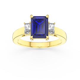 Princess 2ct Sapphire Emerald Cut Lab Diamond 18ct Yellow Gold Three Stone Engagement Ring