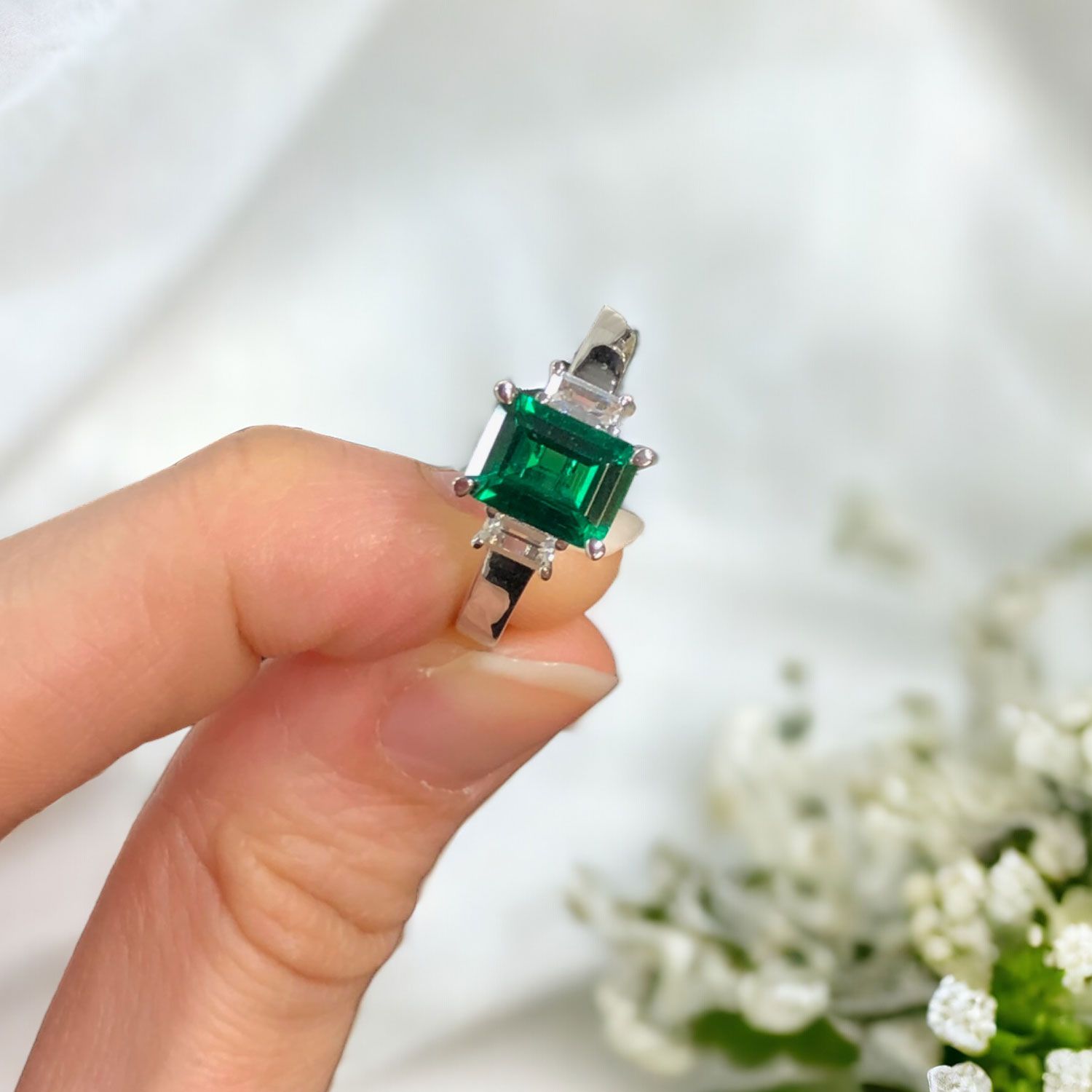 Princess 2ct Emerald Emerald Cut Platinum Lab Grown Diamond Three Stone Engagement Ring #6