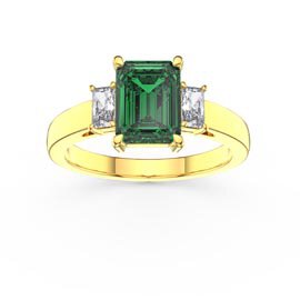 Princess 2ct Emerald Emerald Cut Lab Diamond 9ct Yellow Gold Three Stone Engagement Ring