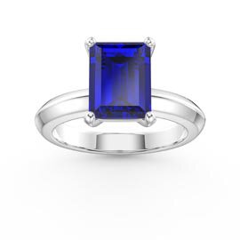 Unity 3ct Blue Sapphire Emerald Cut Solitaire Platinum plated Silver Promise Ring