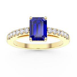 Unity 1ct Blue Sapphire Emerald cut Moissanite Pave 9ct Yellow Gold Proposal Ring