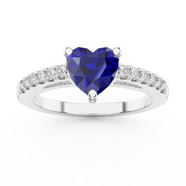 Unity 1ct Heart Blue Sapphire Pave Platinum plated Silver Promise Ring