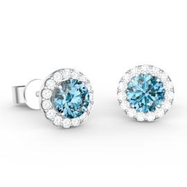 Halo 1ct Swiss Blue Topaz and Moissanite 18ct White Gold Halo Stud Earrings