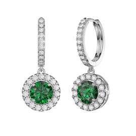 Eternity 2ct Emerald CZ and White Sapphire Halo Drop Hoop Earrings in Platinum plated Silver