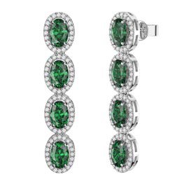 Eternity 4ct Emerald CZ and White Sapphire Oval Halo Platinum plated Silver Drop Earrings