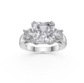 Princess 4ct White Sapphire Asscher Cut Platinum plated Silver Three Stone Promise Ring