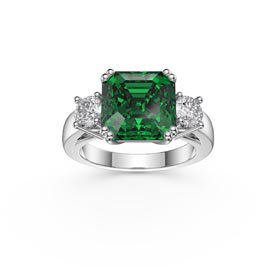 Princess 4ct Asscher Cut Emerald Lab Diamond Platinum Three Stone Engagement Ring
