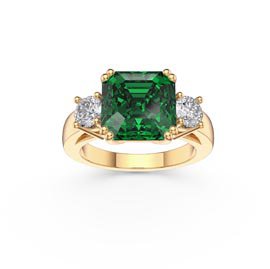 Princess 3ct Emerald Asscher Cut 9ct Yellow Gold Three Stone Engagement Ring