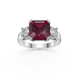 Princess 4ct Asscher Cut Ruby Lab Diamond 18ct White Gold Three Stone Engagement Ring