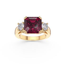 Princess 4ct Asscher Cut Ruby Lab Diamond 18ct Yellow Gold Three Stone Engagement Ring