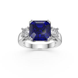 Princess 4ct Blue Sapphire Asscher Cut 18ct White Gold Three Stone Engagement Ring