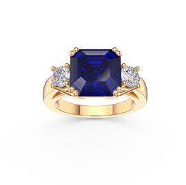 Princess 3ct Blue Sapphire Asscher Cut 18ct Yellow Gold Three Stone Engagement Ring
