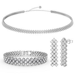 Three Row Diamond CZ Rhodium plated Silver Jewellery Set