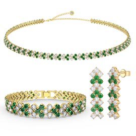 Three Row Emerald and Moissanite 18ct Gold Vermeil Jewellery Set