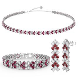 Three Row Ruby and White Sapphire Platinum plated Silver Jewellery Set