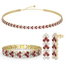 Three Row Ruby and Diamond CZ 18ct Gold plated Silver Jewellery Set