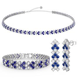 Three Row Sapphire and Diamond CZ Rhoudim plated Silver Jewellery Set