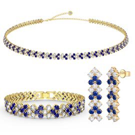 Three Row Sapphire and Diamond CZ 18ct Gold plated Silver Jewellery Set