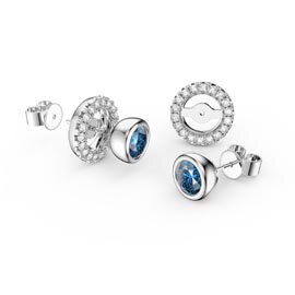 Infinity Blue Topaz Platinum plated Silver Stud Earrings Halo Jacket Set