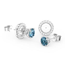 Fusion 1ct Swiss Blue Topaz Platinum Plated Silver Stud Earrings Halo Jacket Set