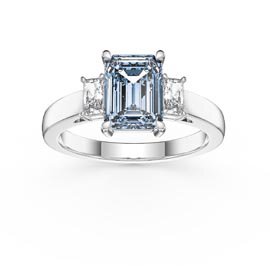 Princess 2ct Emerald Cut Aquamarine Lab Diamond Platinum Three Stone Engagement Ring