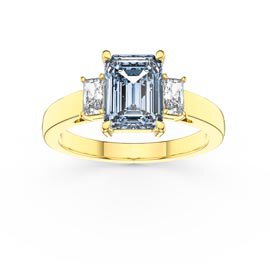 Princess 2ct Emerald Cut Aquamarine 9ct Yellow Gold Moissanite Three Stone Engagement Ring