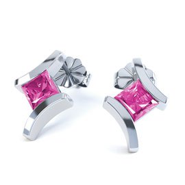 Combinations Pink Sapphire Square Rhodium plated Silver Earrings