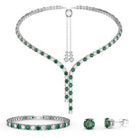 Eternity Asymmetric Drop Emerald and Diamond CZ Rhodium plated Silver Jewellery Set