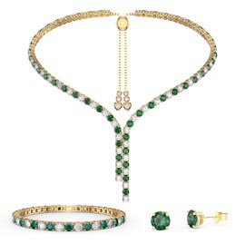 Eternity Asymmetric Drop Emerald and Diamond CZ 18ct Gold plated Silver Jewellery Set