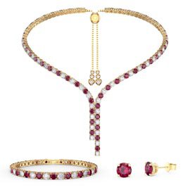 Eternity Asymmetric Drop Ruby and Moissanite 18ct Gold Vermeil Jewellery Set