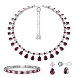 Princess Graduated Pear Drop Ruby Platinum plated Silver Choker Jewellery Set