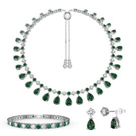 Princess Graduated Pear Drop Emerald Platinum plated Silver Choker Tennis Necklace Jewellery Set