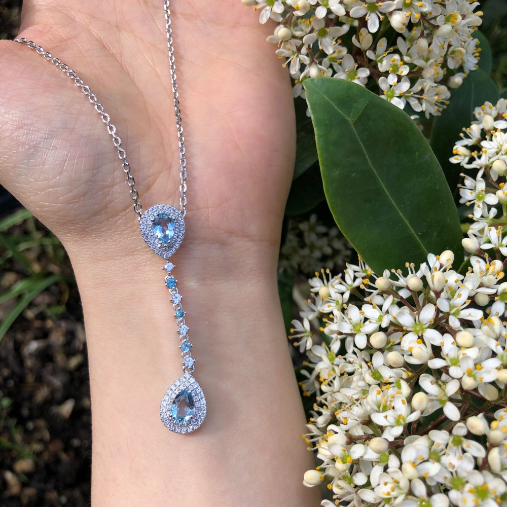 Fusion Aquamarine Halo 18ct White Gold Drop Pear Pendant Set #10