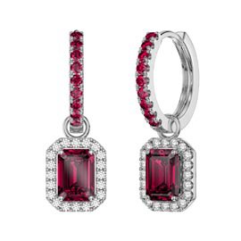 Princess 2ct  Ruby Emerald Cut Halo Platinum plated Silver Interchangeable Ruby Hoop Drop Set