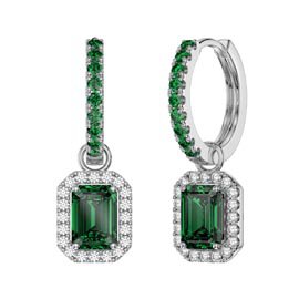 Princess 2ct Emerald Emerald Cut Halo Platinum plated Silver Interchangeable Emerald Hoop Drop Set