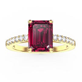 Princess 2ct Ruby Emerald Cut Moissanite Pave 18ct Yellow Gold Proposal ring