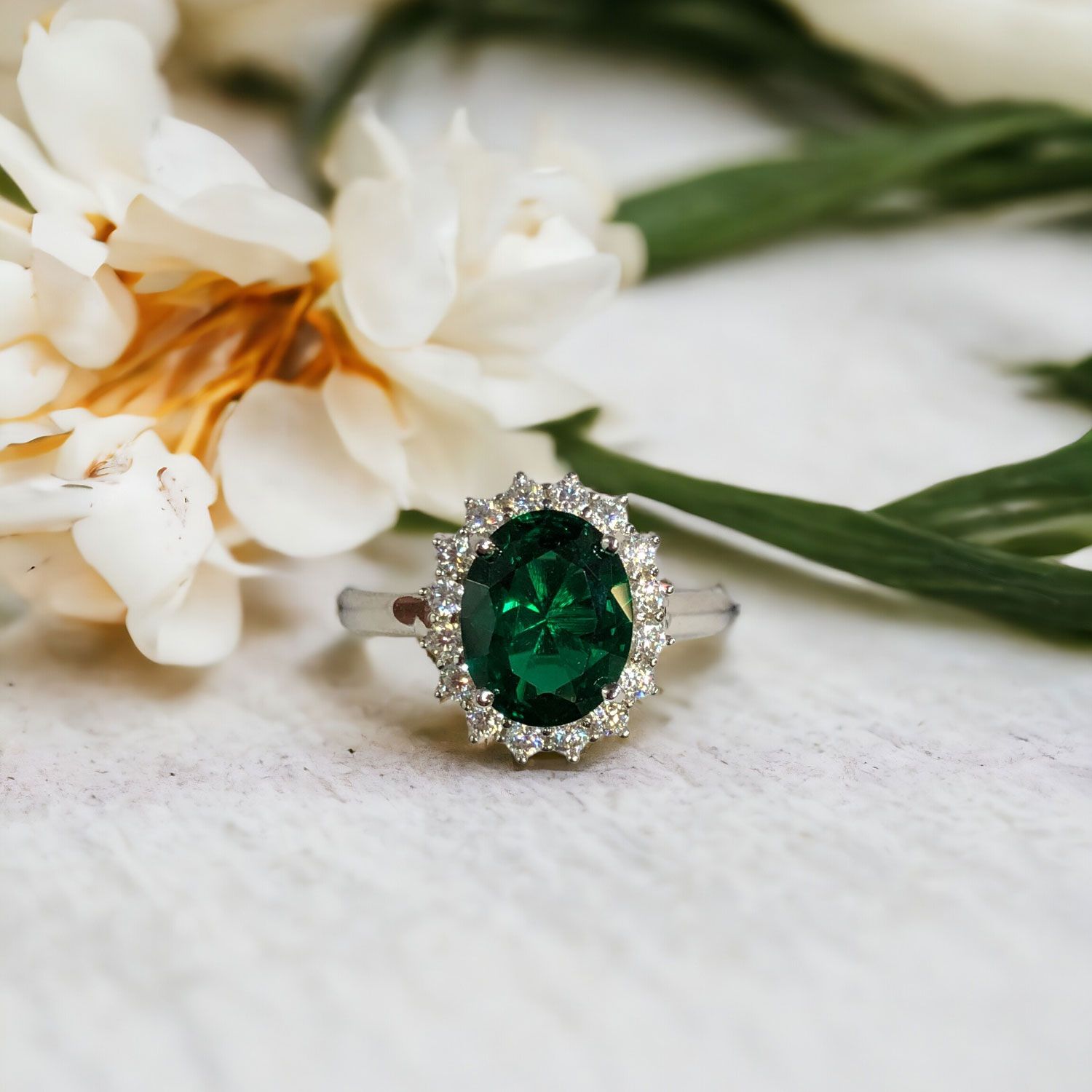 3ct Emerald Oval Lab Grown Diamond Halo Platinum Engagement Diana Ring #8