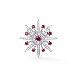 Starburst Ruby and Moissanite Platinum plated Silver Brooch