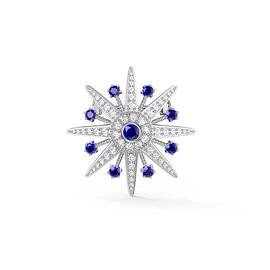 Starburst Sapphire and Moissanite Platinum plated Silver Brooch
