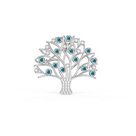 Tree of Life Blue Topaz and Moissanite Platinum plated Silver Brooch