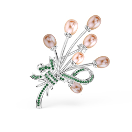 Peachy Pink Pearl and Emerald 18ct Gold Vermeil Brooch